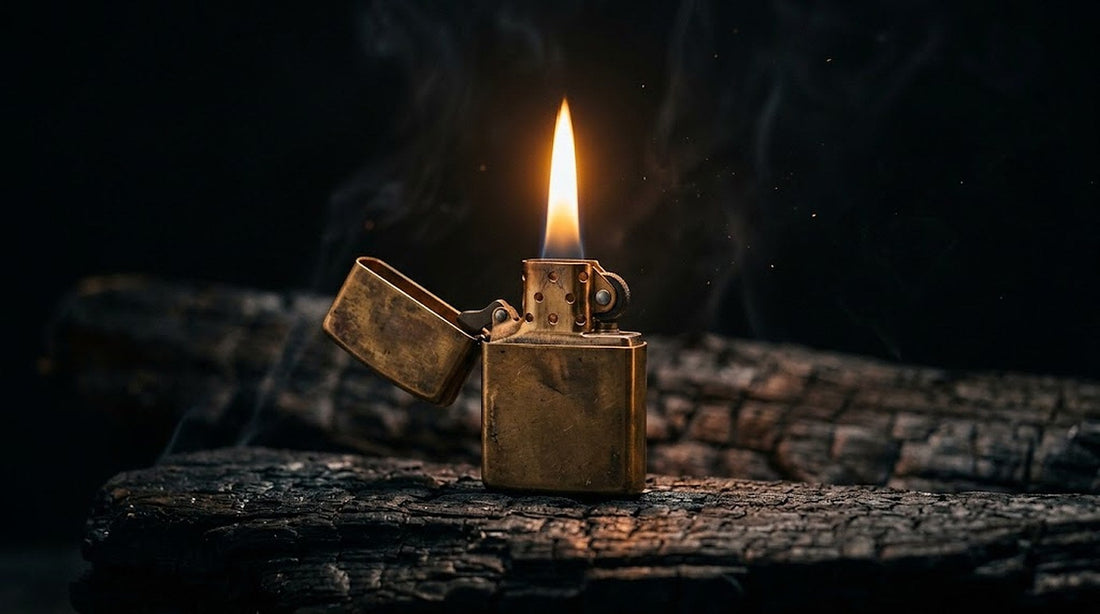 Lit brass flip-top lighter resting on glowing campfire embers