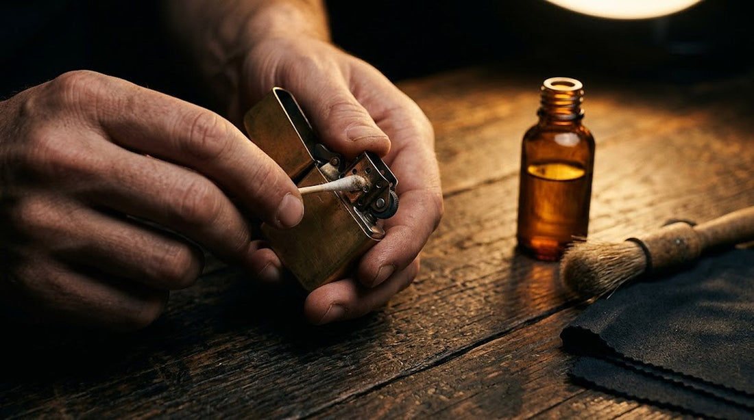 Hands cleaning a brass flip-top lighter with a cotton swab on a workbench
