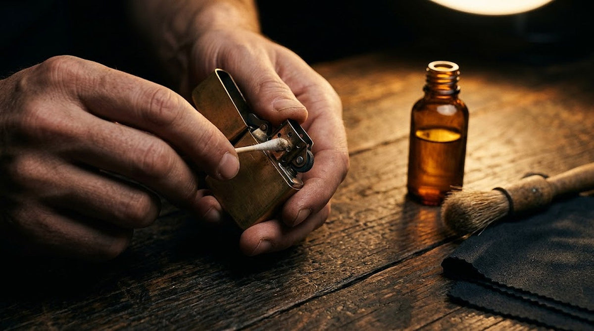 Hands cleaning a brass flip-top lighter with a cotton swab on a workbench