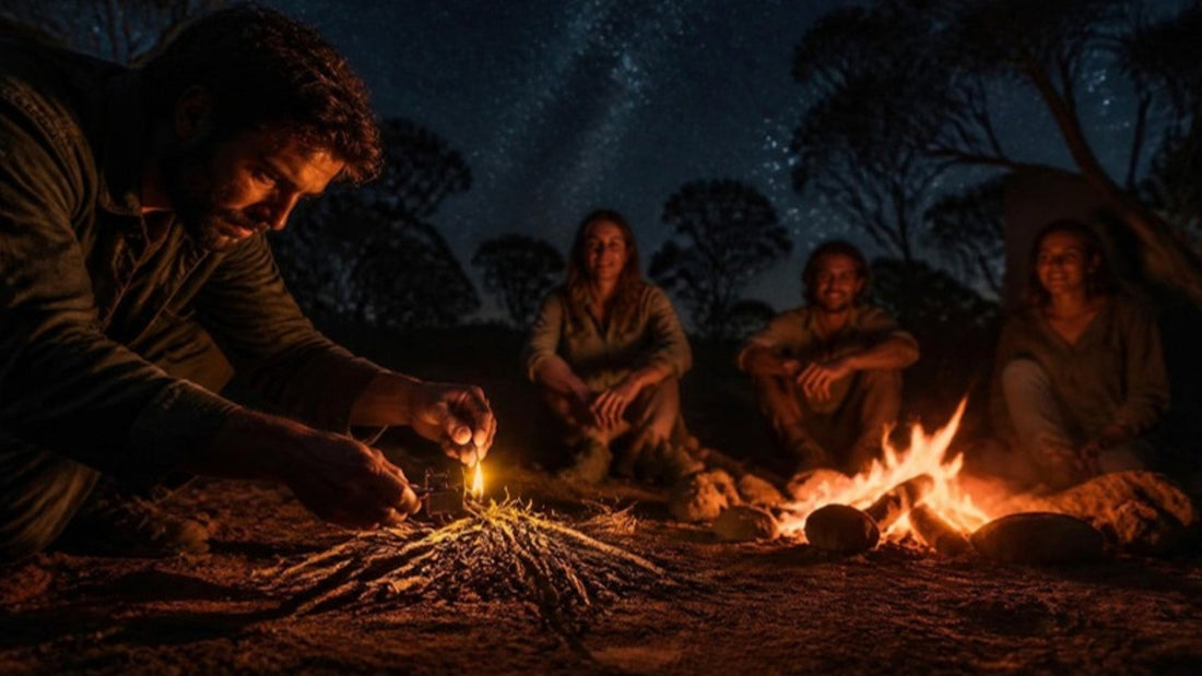 Friends around a campfire at night in the Australian outback, one lighting the kindling