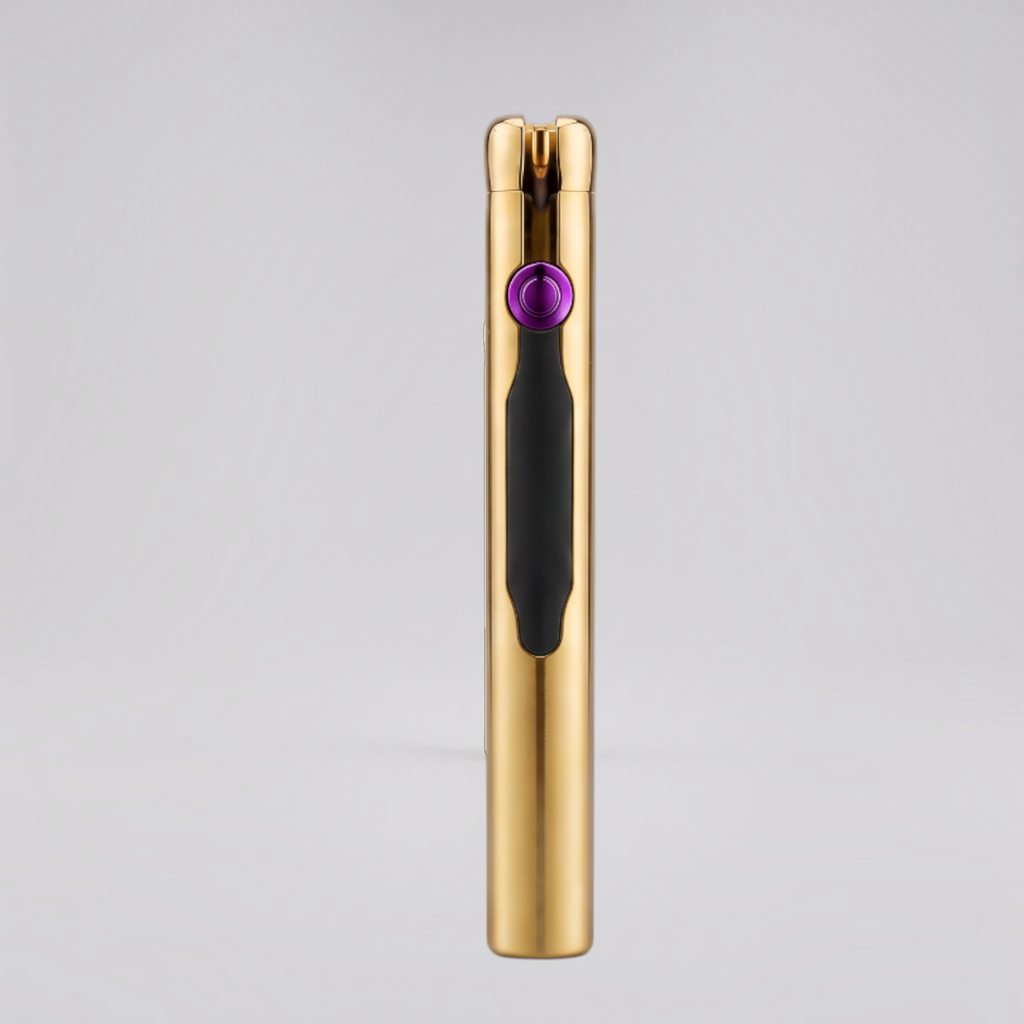 Ignite Culture slim gold flameless dual-arc USB rechargeable lighter with a purple ignition button.