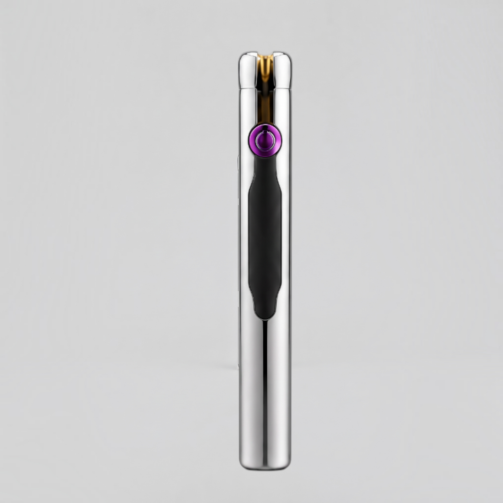 Ignite Culture slim silver flameless dual-arc lighter with a purple button and black grip on a neutral background.